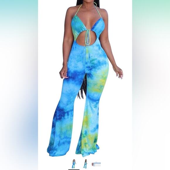 Remelon Spaghetti Strap Halter Tie Dye Print Cut Out Jumpsuit NWOT size large - Picture 5 of 6